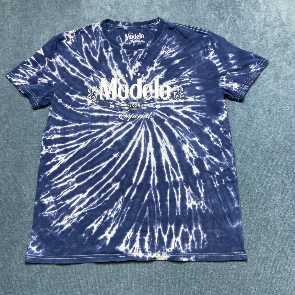 Lucky Brand Cerveza Modelo Tee Shirt Mens Large Blue White Tie Dye Short Sleeve